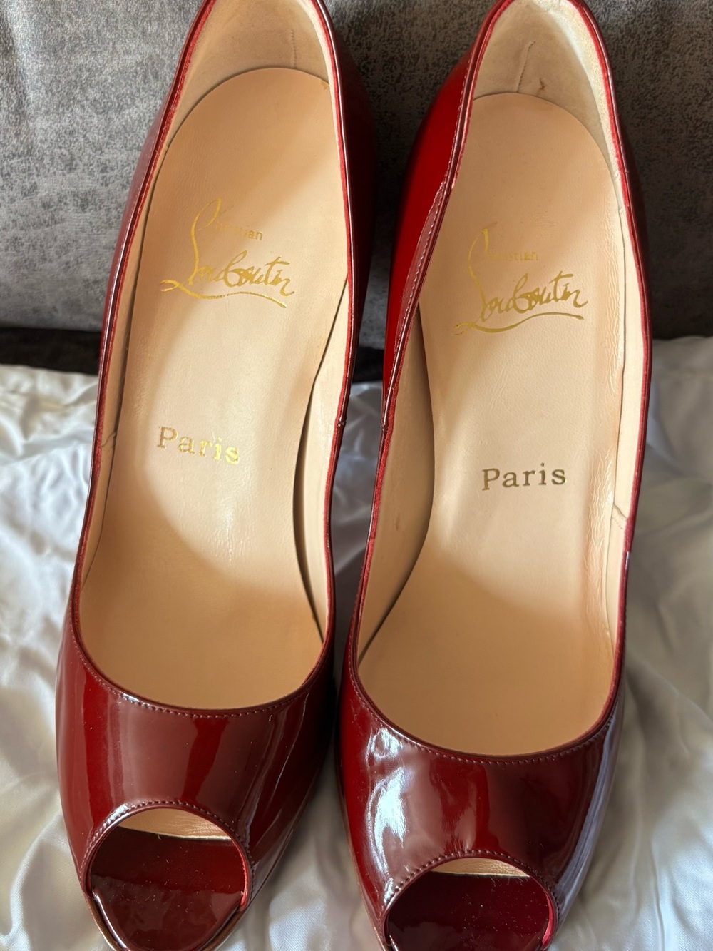 Christian Louboutin Burgundy Patent Peep-Toe Pumps